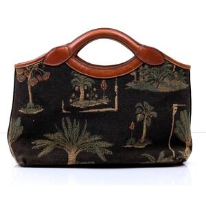 Vintage Tommy Bahama Tapestry Handbag | Tropical Palm Tree Top Handle Tote
